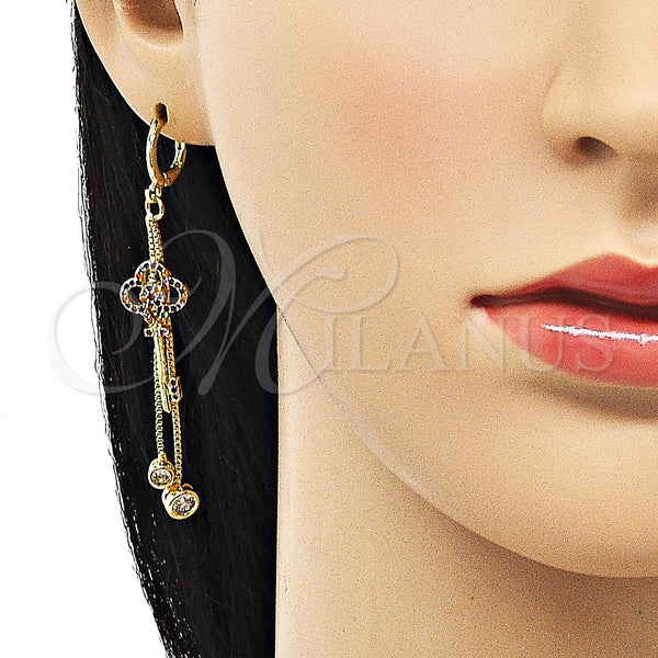 Arete Largo 02.316.0088.1 Oro Laminado, Diseño de Llave y Box, con Multicolor Micro Pave and Blanca Zirconia Cubica, Pulido, Tono Dorado