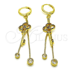 Arete Largo 02.316.0088.1 Oro Laminado, Diseño de Llave y Box, con Multicolor Micro Pave and Blanca Zirconia Cubica, Pulido, Tono Dorado