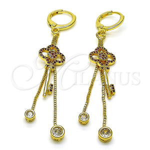 Arete Largo 02.316.0088.2 Oro Laminado, Diseño de Llave y Box, con Rubi Micro Pave and Blanca Zirconia Cubica, Pulido, Tono Dorado