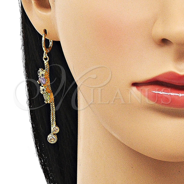 Arete Largo 02.316.0089 Oro Laminado, Diseño de Búho y Box, con Amatista and Peridoto Zirconia Cubica, Pulido, Tono Dorado