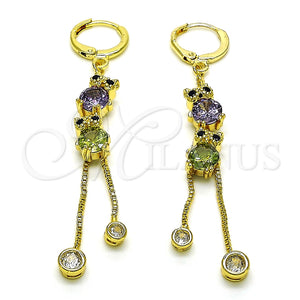 Arete Largo 02.316.0089 Oro Laminado, Diseño de Búho y Box, con Amatista and Peridoto Zirconia Cubica, Pulido, Tono Dorado