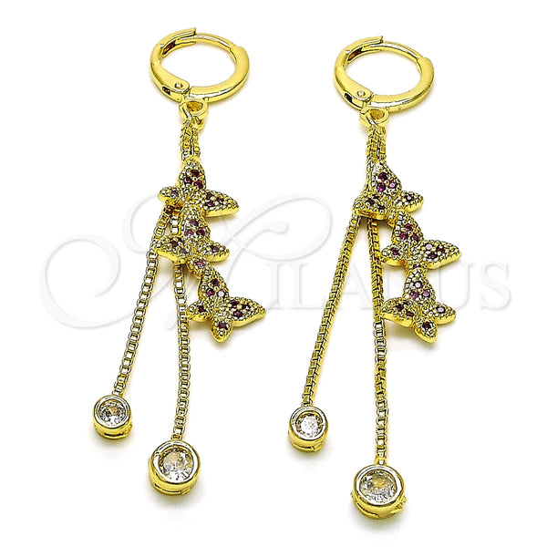 Arete Largo 02.316.0090 Oro Laminado, Diseño de Mariposa y Box, con Rubi Micro Pave and Blanca Zirconia Cubica, Pulido, Tono Dorado
