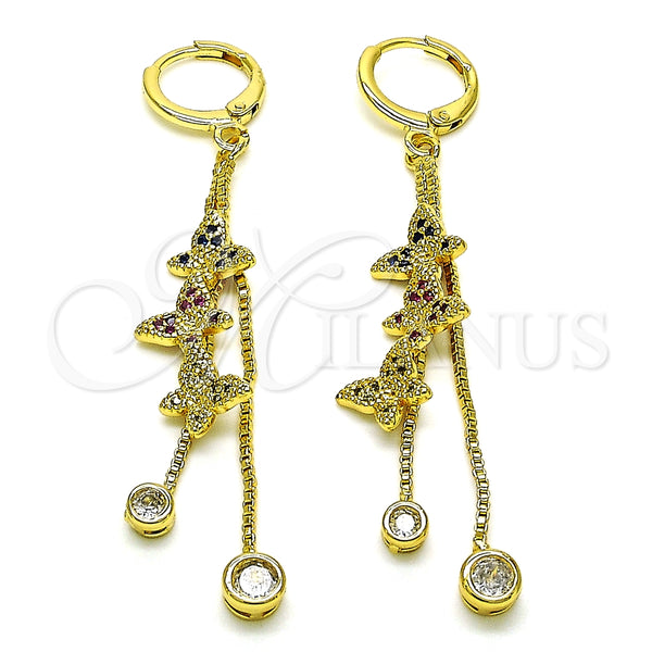 Arete Largo 02.316.0090.1 Oro Laminado, Diseño de Mariposa y Box, con Multicolor Micro Pave and Blanca Zirconia Cubica, Pulido, Tono Dorado