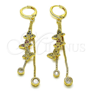 Arete Largo 02.316.0090.1 Oro Laminado, Diseño de Mariposa y Box, con Multicolor Micro Pave and Blanca Zirconia Cubica, Pulido, Tono Dorado