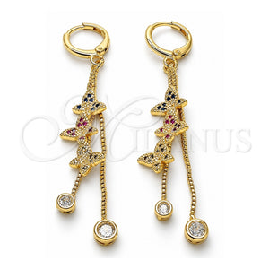 Arete Largo 02.316.0090.1 Oro Laminado, Diseño de Mariposa y Box, con Micro Pave Multicolor y Zirconia Cubica Blanca, Pulido, Tono Dorado