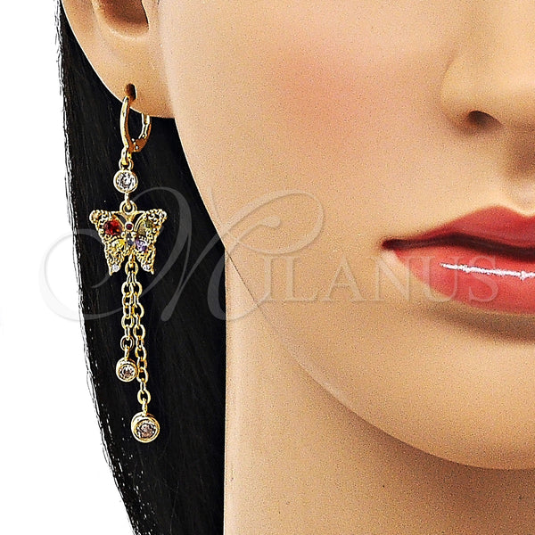 Arete Largo 02.316.0091.1 Oro Laminado, Diseño de Mariposa y Rolo, con Multicolor Zirconia Cubica and Multicolor Micro Pave, Pulido, Tono Dorado