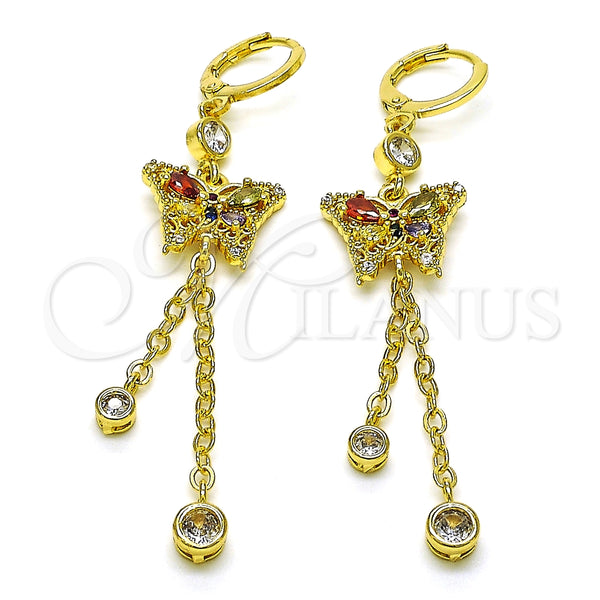 Arete Largo 02.316.0091.1 Oro Laminado, Diseño de Mariposa y Rolo, con Multicolor Zirconia Cubica and Multicolor Micro Pave, Pulido, Tono Dorado