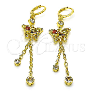 Arete Largo 02.316.0091.1 Oro Laminado, Diseño de Mariposa y Rolo, con Multicolor Zirconia Cubica and Multicolor Micro Pave, Pulido, Tono Dorado