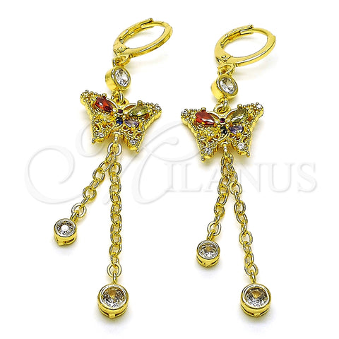 Arete Largo 02.316.0091.1 Oro Laminado, Diseño de Mariposa y Rolo, con Multicolor Zirconia Cubica and Multicolor Micro Pave, Pulido, Tono Dorado