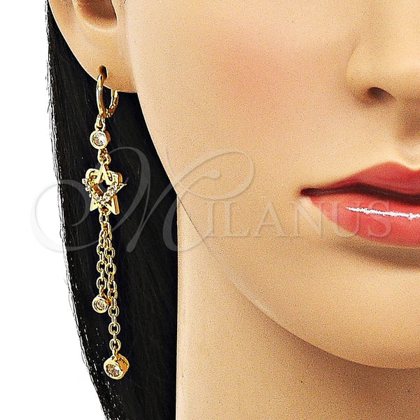 Arete Largo 02.316.0092 Oro Laminado, Diseño de Estrella y Corazón, con Blanca Zirconia Cubica, Pulido, Tono Dorado