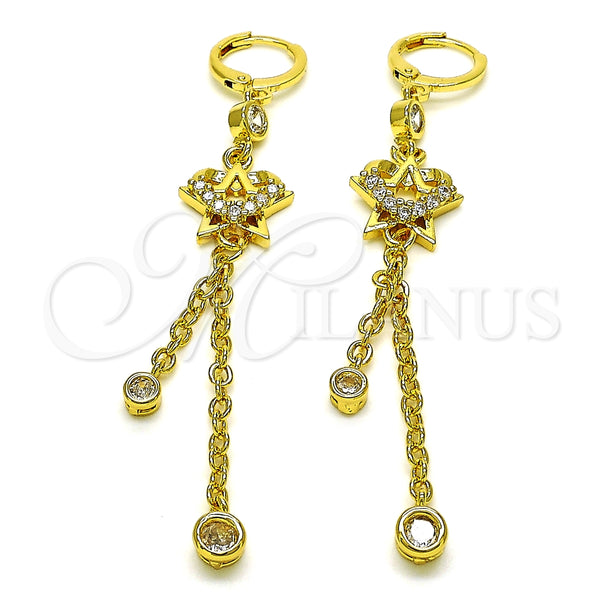 Arete Largo 02.316.0092 Oro Laminado, Diseño de Estrella y Corazón, con Blanca Zirconia Cubica, Pulido, Tono Dorado