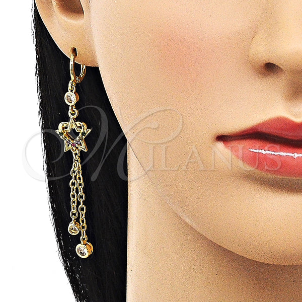 Arete Largo 02.316.0092.1 Oro Laminado, Diseño de Estrella y Corazón, con Multicolor and Blanca Zirconia Cubica, Pulido, Tono Dorado