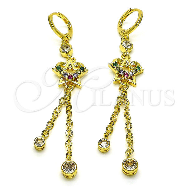 Arete Largo 02.316.0092.1 Oro Laminado, Diseño de Estrella y Corazón, con Multicolor and Blanca Zirconia Cubica, Pulido, Tono Dorado