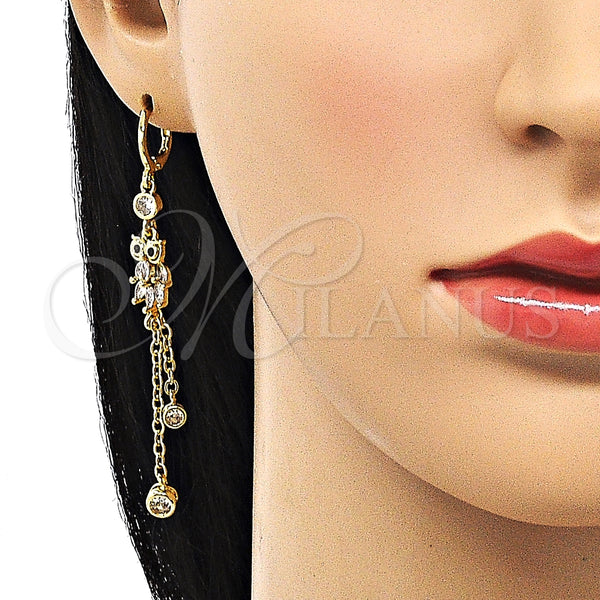 Arete Largo 02.316.0093 Oro Laminado, Diseño de Búho y Rolo, con Blanca and Negro Zirconia Cubica, Pulido, Tono Dorado