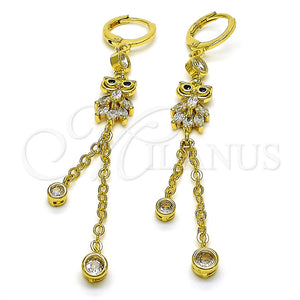 Arete Largo 02.316.0093 Oro Laminado, Diseño de Búho y Rolo, con Blanca and Negro Zirconia Cubica, Pulido, Tono Dorado