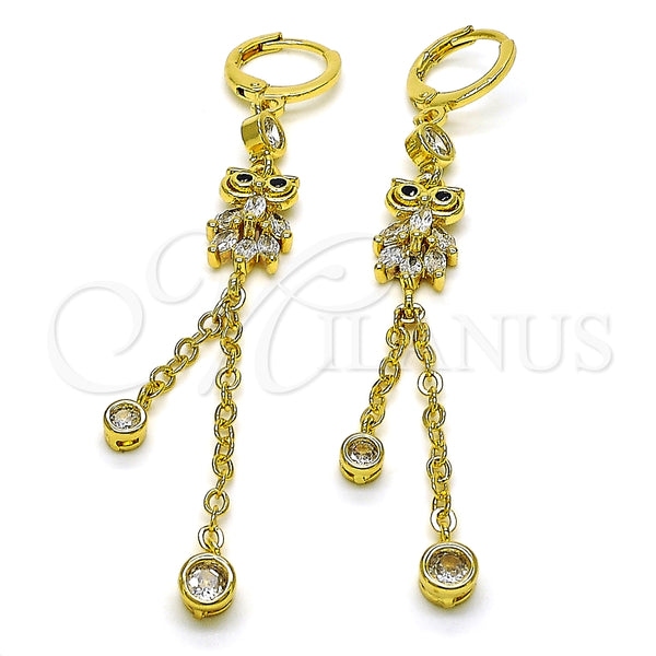 Arete Largo 02.316.0093 Oro Laminado, Diseño de Búho y Rolo, con Blanca and Negro Zirconia Cubica, Pulido, Tono Dorado