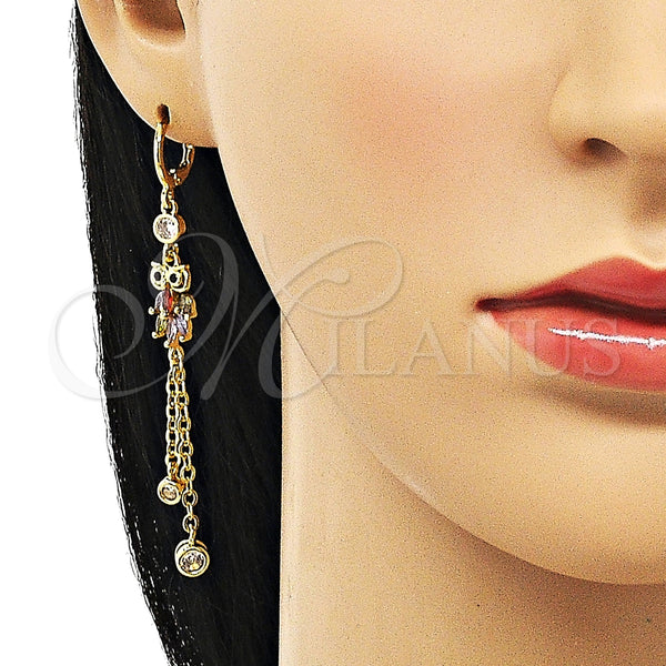 Arete Largo 02.316.0093.1 Oro Laminado, Diseño de Búho y Rolo, con Multicolor Zirconia Cubica, Pulido, Tono Dorado