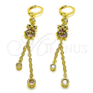 Arete Largo 02.316.0093.1 Oro Laminado, Diseño de Búho y Rolo, con Multicolor Zirconia Cubica, Pulido, Tono Dorado