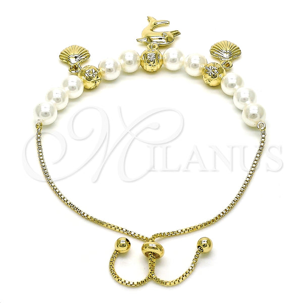 Pulsera Bolo Ajustable 03.213.0205.09 Oro Laminado, Diseño de Delfín y Concha, con Marfil Perla, Pulido, Tono Dorado (06 MM Thickness, 9 Inches Length)