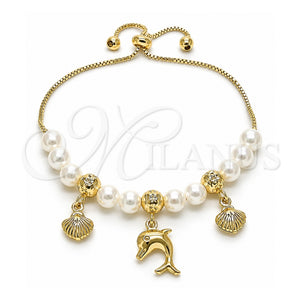 Pulsera Bolo Ajustable 03.213.0205.09 Oro Laminado, Diseño de Delfín y Concha, con Perla Marfil, Pulido, Tono Dorado (Grosor 06 MM, 9 Pulgadas de Largo)