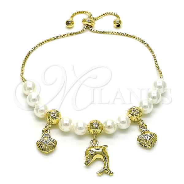 Pulsera Bolo Ajustable 03.213.0205.09 Oro Laminado, Diseño de Delfín y Concha, con Marfil Perla, Pulido, Tono Dorado (06 MM Thickness, 9 Inches Length)