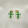 Arete Dormilona 02.345.0011.2 Oro Laminado, Diseño de Cruz y Baguette, con Verde Zirconia Cubica, Pulido, Tono Dorado