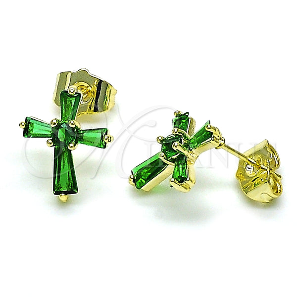 Arete Dormilona 02.345.0011.2 Oro Laminado, Diseño de Cruz y Baguette, con Verde Zirconia Cubica, Pulido, Tono Dorado