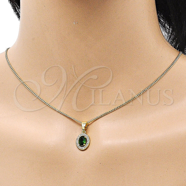 Juego de Arete y Dije de Adulto 10.387.0007.2 Oro Laminado, con Verde Zirconia Cubica and Blanca Micro Pave, Pulido, Tono Dorado