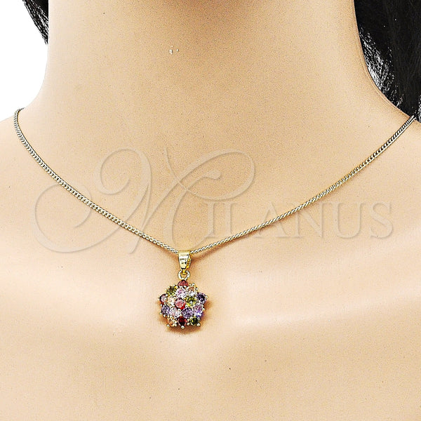 Juego de Arete y Dije de Adulto 10.387.0010.1 Oro Laminado, Diseño de Flor, con Multicolor Zirconia Cubica, Pulido, Tono Dorado