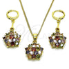 Juego de Arete y Dije de Adulto 10.387.0010.1 Oro Laminado, Diseño de Flor, con Multicolor Zirconia Cubica, Pulido, Tono Dorado