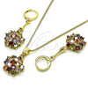Juego de Arete y Dije de Adulto 10.387.0010.1 Oro Laminado, Diseño de Flor, con Multicolor Zirconia Cubica, Pulido, Tono Dorado