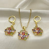 Juego de Arete y Dije de Adulto 10.387.0010.1 Oro Laminado, Diseño de Flor, con Multicolor Zirconia Cubica, Pulido, Tono Dorado