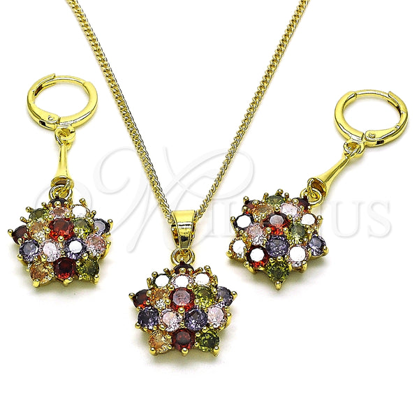 Juego de Arete y Dije de Adulto 10.387.0010.1 Oro Laminado, Diseño de Flor, con Multicolor Zirconia Cubica, Pulido, Tono Dorado