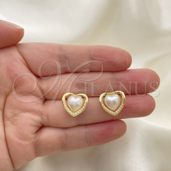 Arete Dormilona 02.379.0015 Oro Laminado, Diseño de Corazón, con Marfil Perla, Pulido, Tono Dorado