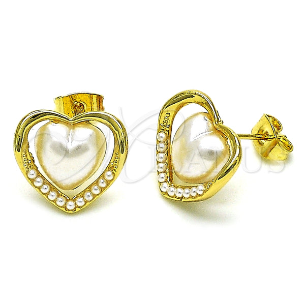 Arete Dormilona 02.379.0015 Oro Laminado, Diseño de Corazón, con Marfil Perla, Pulido, Tono Dorado