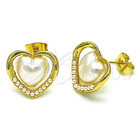 Arete Dormilona 02.379.0015 Oro Laminado, Diseño de Corazón, con Marfil Perla, Pulido, Tono Dorado
