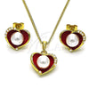 Juego de Arete y Dije de Adulto 10.379.0048.2 Oro Laminado, Diseño de Corazón, con Marfil Perla, Esmaltado Rojo, Tono Dorado