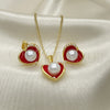 Juego de Arete y Dije de Adulto 10.379.0048.2 Oro Laminado, Diseño de Corazón, con Marfil Perla, Esmaltado Rojo, Tono Dorado