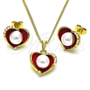 Juego de Arete y Dije de Adulto 10.379.0048.2 Oro Laminado, Diseño de Corazón, con Marfil Perla, Esmaltado Rojo, Tono Dorado