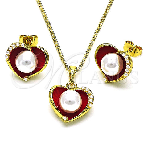Juego de Arete y Dije de Adulto 10.379.0048.2 Oro Laminado, Diseño de Corazón, con Marfil Perla, Esmaltado Rojo, Tono Dorado