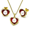 Juego de Arete y Dije de Adulto 10.379.0048.2 Oro Laminado, Diseño de Corazón, con Marfil Perla, Esmaltado Rojo, Tono Dorado
