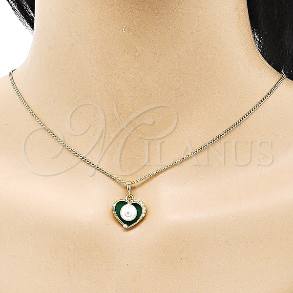 Juego de Arete y Dije de Adulto 10.379.0048.3 Oro Laminado, Diseño de Corazón, con Marfil Perla, Esmaltado Verde, Tono Dorado