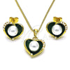 Juego de Arete y Dije de Adulto 10.379.0048.3 Oro Laminado, Diseño de Corazón, con Marfil Perla, Esmaltado Verde, Tono Dorado