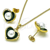 Juego de Arete y Dije de Adulto 10.379.0048.3 Oro Laminado, Diseño de Corazón, con Marfil Perla, Esmaltado Verde, Tono Dorado