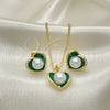 Juego de Arete y Dije de Adulto 10.379.0048.3 Oro Laminado, Diseño de Corazón, con Marfil Perla, Esmaltado Verde, Tono Dorado