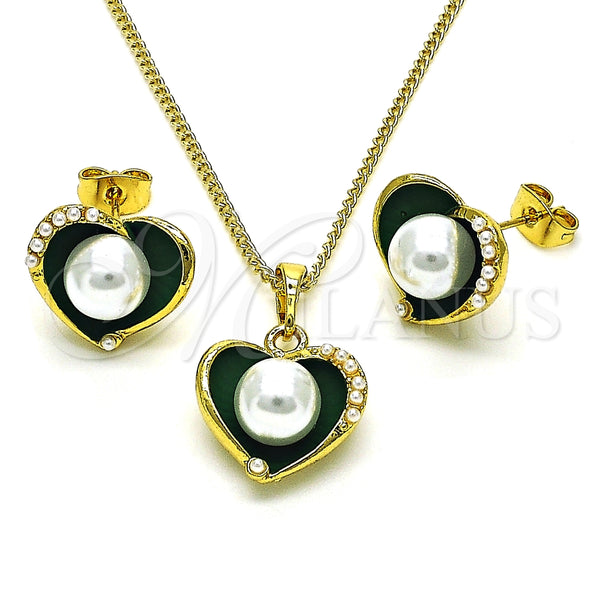 Juego de Arete y Dije de Adulto 10.379.0048.3 Oro Laminado, Diseño de Corazón, con Marfil Perla, Esmaltado Verde, Tono Dorado