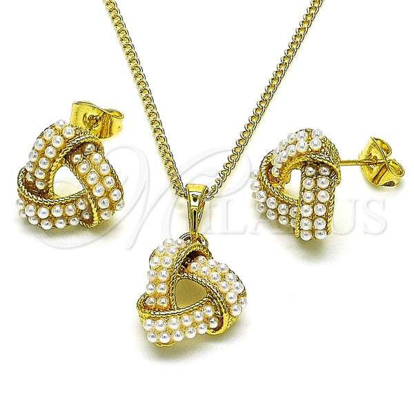Juego de Arete y Dije de Adulto 10.379.0051 Oro Laminado, Diseño de Nudo, con Marfil Perla, Pulido, Tono Dorado