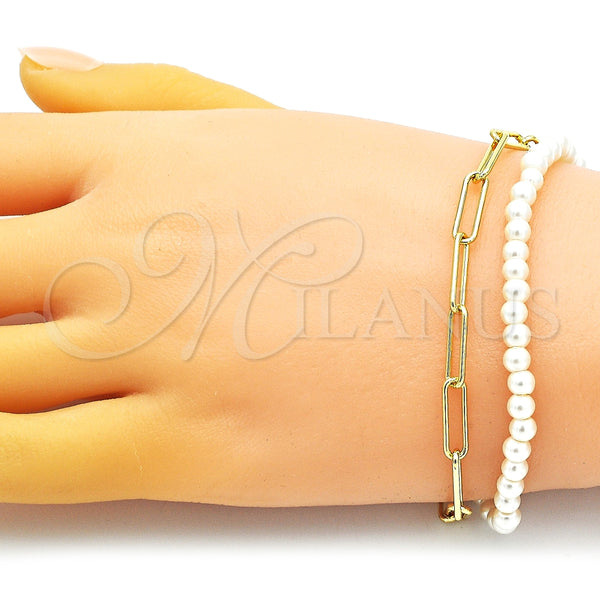 Pulsera Elegante 03.405.0007.07 Oro Laminado, Diseño de Paperclip y Bola, con Marfil Perla, Pulido, Tono Dorado (05 MM Thickness, 7 Inches Length)