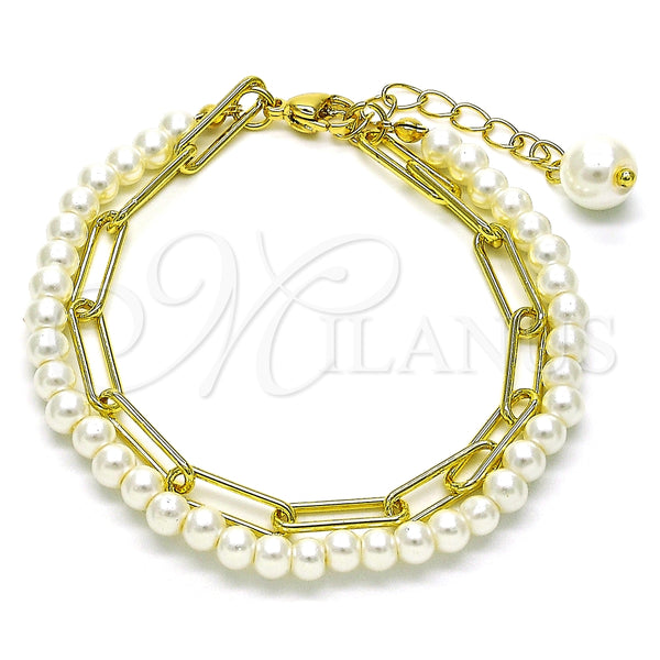 Pulsera Elegante 03.405.0007.07 Oro Laminado, Diseño de Paperclip y Bola, con Marfil Perla, Pulido, Tono Dorado (05 MM Thickness, 7 Inches Length)