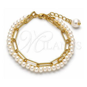 Pulsera Elegante 03.405.0007.07 Oro Laminado, Diseño de Paperclip y Bola, con Marfil Perla, Pulido, Tono Dorado (05 MM Thickness, 7 Inches Length)